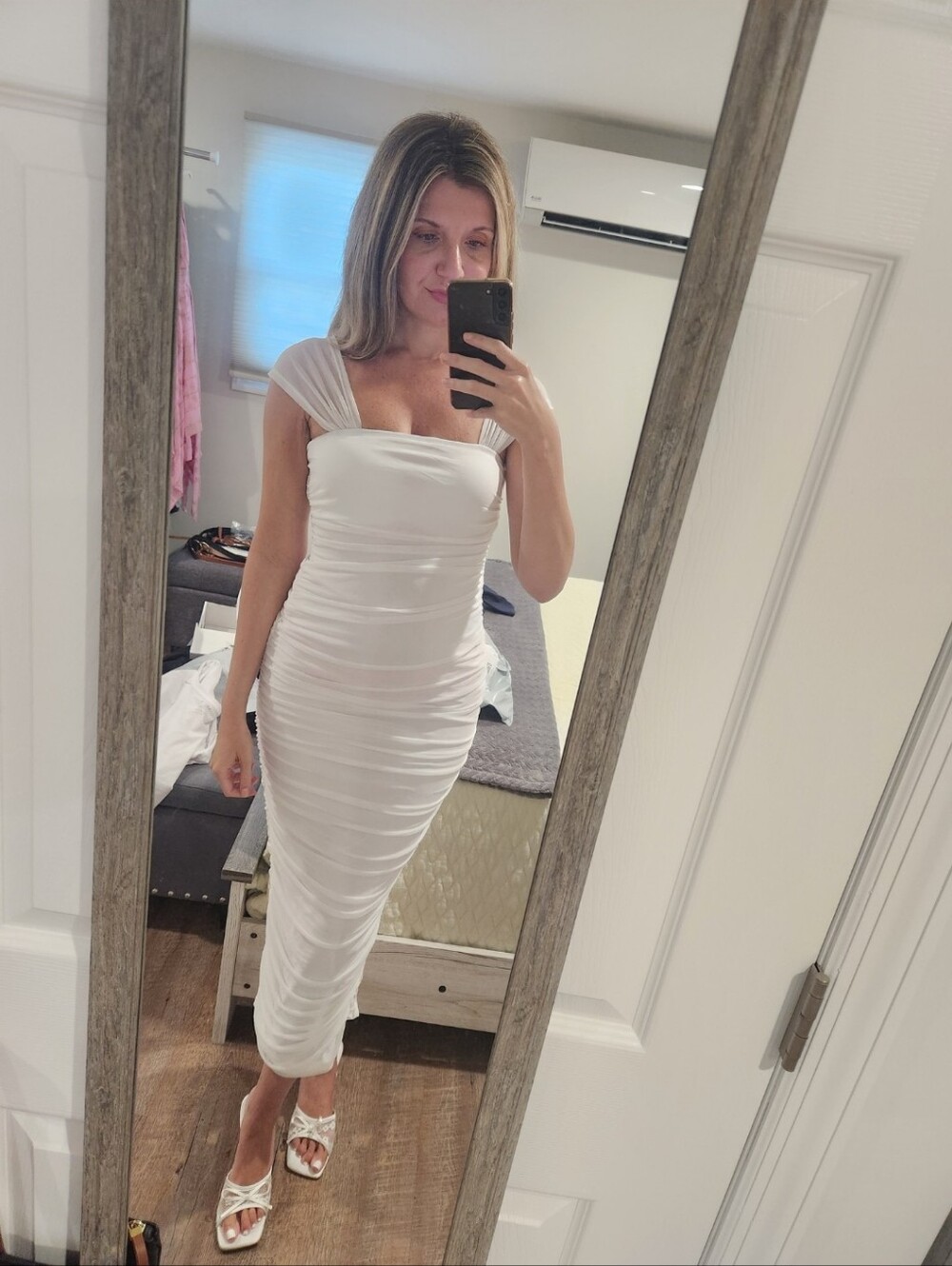 Shein ruched white maxi dress with slit size XS new